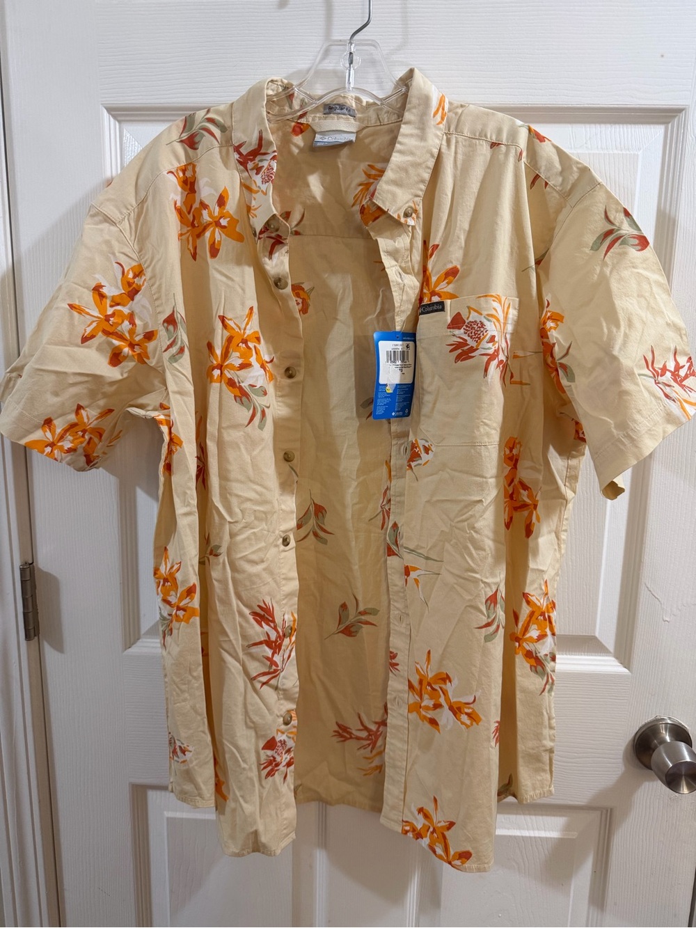 Columbia Beige Short-Sleeve Shirt with Orange Floral Print